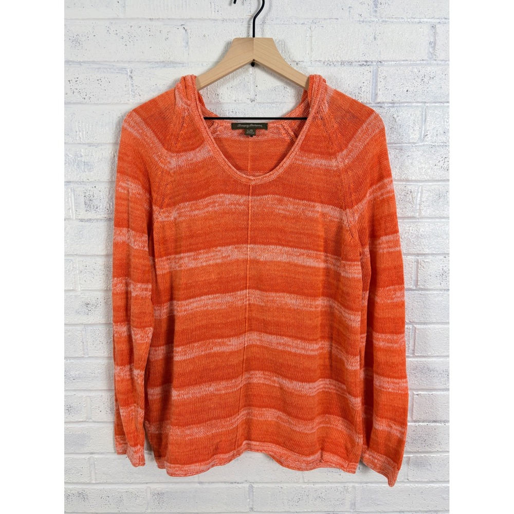 Tommy Bahama Sweater Womens L Orange Striped Linen Blend Slub Knit Top Beach